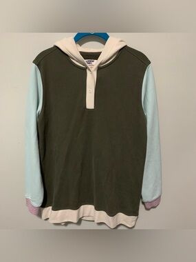 Lands' End Olive Green Pullover Hoodie with Light Blue Sleeves and Cream Hood